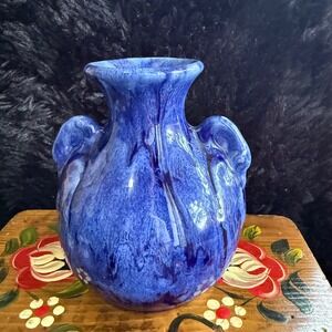 Signed McCoy 474 brush cobalt Blue Jardeniere Ceramic Swan Vase Handles Decor